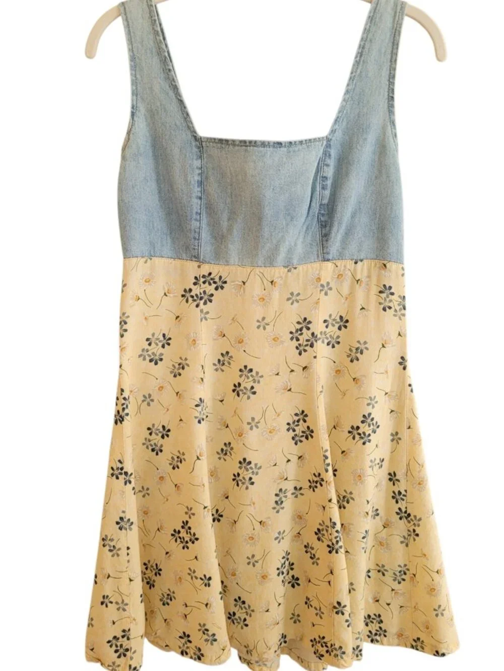 Vintage 90s Butter Yellow Daisy Floral Denim Bodice Babydoll Mini Dress Small - Picture 2 of 10